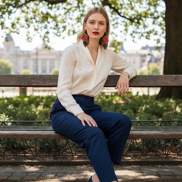 805. The Rose Handcrafted Beaded Earrings - Black and Red Floral Design - Picture 2 of 2